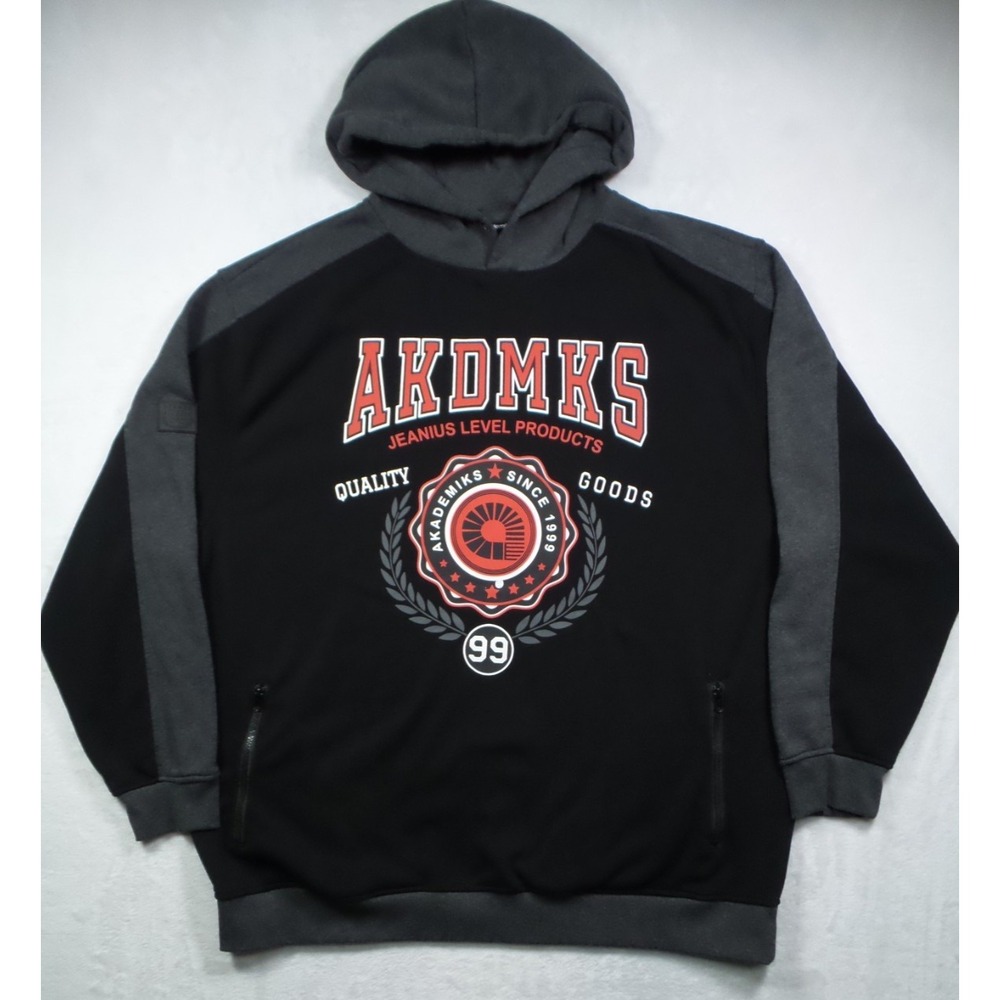 Akademiks Sweatshirt Mens Size 4XL Black Gray Hooded Fleece Big Logo Pockets